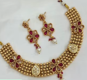 Traditional Wear <b>Gold</b> Plated Necklace <b>Set</b> With <b>Earrings</b> For Women And Girls Traditional Indian Wedding Necklace <b>Set</b> For Women - Product Image 2