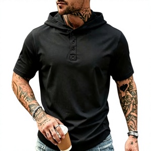 Men's Hooded Henley Jersey T-Shirt Short Sleeve Regular Fit Casual Solid Color Knitted for Tee 200g for Summer Streetwear - Product Image 1