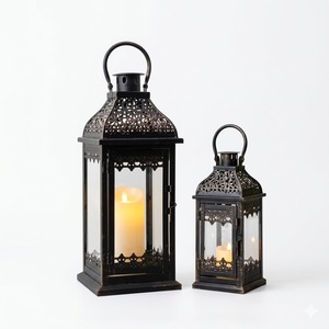 <b>Set</b> Of 2 Decorative Christmas Hanging <b>Lanterns</b> Black Metal Candle Holder With Candle Vintage Tabletop Home Decor Indoor Outdoor - Product Image 3