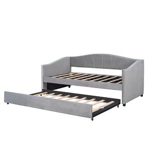 Divano letto imbottito a una piazza e mezza con letto estraibile, grigio, con doghe in legno, stile contemporaneo - Product Image 3