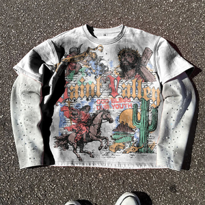 OEM <b>Men's</b> Stylish Streetwear Regular Fit Vintage <b>Pullover</b> Hoodie Ripped Distressed Frayed Printed Rhinestone Eco-Friendly Fleece - Product Image 1