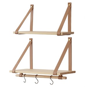 Teak Wood with Cognac Leather wooden <b>wall</b> <b>shelves</b> and <b>floating</b> <b>shelves</b> OEM Custom Wholesale | Aqdus Saleem India - Product Image 2