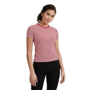 Camiseta de algodón 100% para mujer, con cuello redondo, manga corta, a rayas, corte ajustado, tejido de punto, informal, para primavera/verano. - Product Image 5