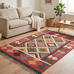Alfombra Kilim Geométrica de Estilo Rústico, Hecha a Medida, Tejido Plano, Pelo Corto, Antideslizante, para Sala de Estar, Roja Multicolor, Alfombra Interior - Product Image 1