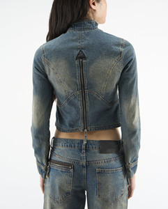 Women's <b>Cropped</b> <b>Denim</b> <b>Jacket</b> Moto Style High Neck Front Back Zipper Style Light Stonewashed Blue Skinny Fit Autumn Outerwear - Product Image 2