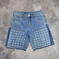 Shorts en jean baggy pour homme, personnalisés, à ourlet brut, effet usé, avec strass et appliques brodées