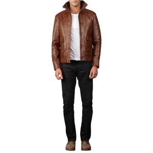 <b>Men</b>’s Vintage Brown Genuine Leather <b>Field</b> <b>Jacket</b> Classic Collar Four Pocket Full Zip Premium Casual Outerwear - Product Image 4