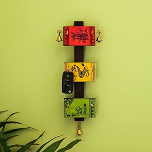 Hand-Painted Pine Wood Tribal <b>Key</b> Holder with Bells | Wholesale Wooden <b>Wall</b> Organizer - Product Image 2