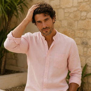 Camisa de vestir ajustada para hombre de lino – Camisa de lino natural tejido para uso casual de verano - Product Image 1