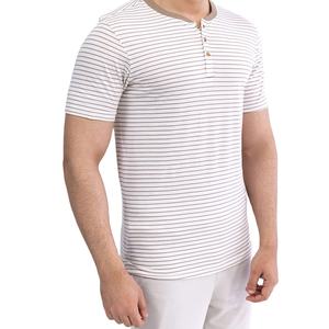 Venta al por mayor rayas Henley cuello camiseta para hombres nueva moda Slim Fit poliéster algodón media manga abotonada camiseta OEM marca personalizada - Product Image 3