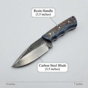 Couteau de chasse, de camping et de bushcraft à lame fixe en acier carbone, fait main sur mesure, avec manche en résine bleue, vente en gros - Product Image 2