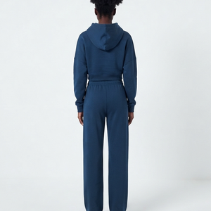 OEM/ODM <b>Women's</b> <b>Navy</b> Blue Hooded Sweatshirt & Sweatpants Set Full Sleeve Loose Fit <b>Fleece</b> Casual Wear With Logo Print All Season - Product Image 3