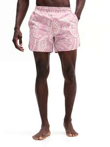Shorts de playa para hombre con estampado paisley rosa, cintura elástica, secado rápido, pantalones cortos de poliéster tejido, hechos en Pakistán. - Product Image 3
