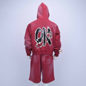 Ensemble de survêtement à capuche rouge avec lettres appliquées, décontracté, éco-responsable, streetwear, short et sweat à capuche unisexe pour adulte, collection automne - Product Image 2