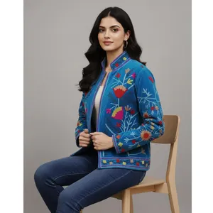 Chaqueta Étnica Azul de Algodón para Mujer con Bordado Floral a Mano, Estilo Bohemio, Abrigo de Moda - Product Image 1