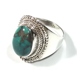 Bague en argent sterling 925 avec turquoise, style népalais, faite à la main, bijoux ethniques bohèmes pour femmes et hommes, à porter au quotidien - Product Image 1