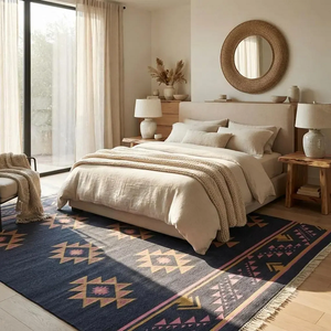 Tapis d'intérieur bleu marine en laine et jute, géométrique, style kilim, bohème, tribal du sud-ouest, tissé à la main, pour salon et ferme - Product Image 6