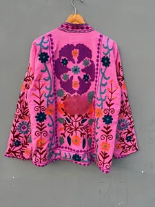 Embroidered Pink Cotton <b>Jacket</b> Kashmiri Suzani Work Boho Shrug Ethnic Winter Cardigan Women Festive Open Front Cape Floral Coat - Product Image 2