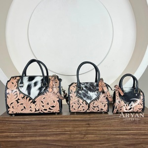 Wholesale 3 Piece Hand Tooled Leather Duffel <b>Bag</b> Set Real Cowhide Genuine Leather <b>Studs</b> Floral Design Crossbody Luggage Sets - Product Image 1