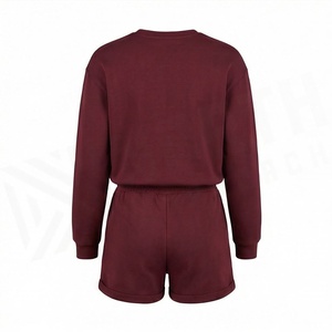 Women's 2 Piece Fleece Sweatshirt and Shorts Set Crew Neck Full Sleeve Printed Casual Above Knee Loose Fit <b>Maroon</b> Color - Product Image 2