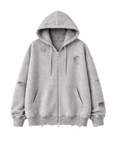 Sweat à capuche zippé gris délavé pour homme, coupe oversize, style vintage, effet usé, en molleton, streetwear, avec poches - Product Image 2