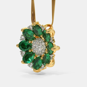 Yellow Gold <b>Emerald</b> Floral Halo Lab Grown Diamond <b>Pendant</b> Necklace - Product Image 6
