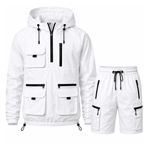Grace Collection Men's Sporty Streetwear Solid Printed Hooded Quarter-Zip Fleece Jacket Shorts <b>Set</b> Quick Dry 300g Winter - Product Image 3