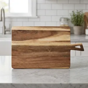 Planche à découper rectangulaire en bois d'acacia durable, écologique et écoresponsable, avec rainure profonde pour les jus, trou d'angle, poignée, compatible lave-vaisselle - Product Image 5