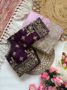 Sari de satén Fandy de diseñador con bordado C Pallu, adorno de lentejuelas y borde con trabajo de corte, y blusa de satén Fandy completamente cosida. - Product Image 2