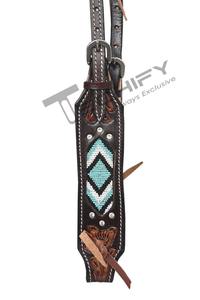Ensemble de têtière et de collier de poitrine pour cheval de style western haut de gamme, en cuir ciselé à la main avec incrustation de turquoise, équipement équestre - Product Image 2