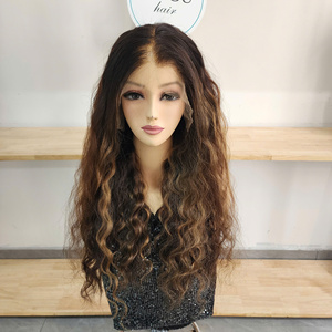 Perruques longues en cheveux humains avec dentelle frontale, double épaisseur, 100 % cheveux vierges vietnamiens, couleur brune, extensions ondulées - Product Image 1