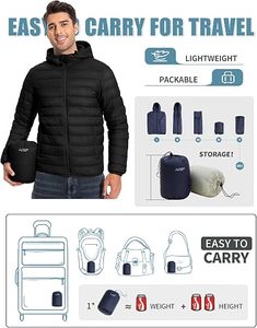 <b>Men's</b> Lightweight Packable Down Coat Waterproof Winter Hooded Jacket with 100% Down Filling Casual Storage <b>Pouch</b> - Product Image 2
