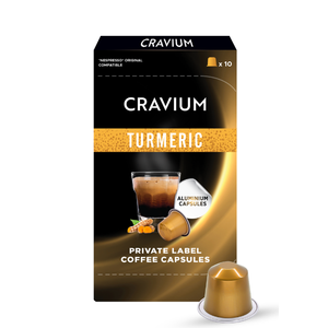 กาแฟแคปซูลผสมขมิ้นฉลากส่วนตัว กาแฟหอมกลมกล่อมผสมขมิ้นเพื่อรสชาติที่โดดเด่นและมีประโยชน์สำหรับการดื่มทุกวัน - Product Image 1