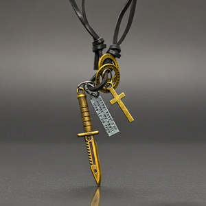 Fashion Necklace Knight Golden Sword Pendant 2.5-Inch Pure Stainless Steel with Adjustable Leather <b>Rope</b> for Men & Boys - Product Image 4