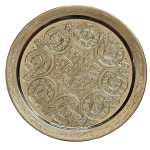 Bandeja de servir marroquí de latón plateado grabada a mano con asas, bandeja redonda de metal oriental para té, para decoración del hogar y cocina. - Product Image 6