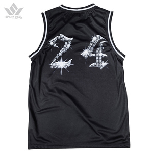 Maillot de basketball noir personnalisé pour homme, débardeur sans manches en mesh avec numéro 24 en strass imprimé au dos, design sublimé - Product Image 1