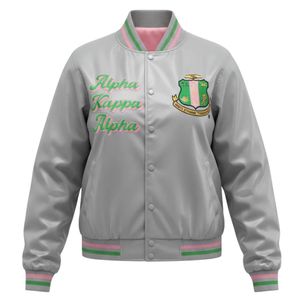 Chaqueta Bomber Plateada Satinada Unisex con Ribete Rosa y Verde, Bordado Chenille con Letras Griegas, Estilo Universitario Premium, Transpirable y Acabada - Product Image 1