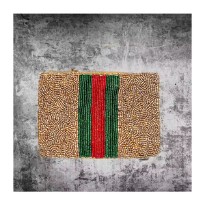 Pochette chic faite main en toile, mini porte-monnaie perlé rayé rose-rouge-vert, fermeture éclair, élégante broderie, style amour - Product Image 2