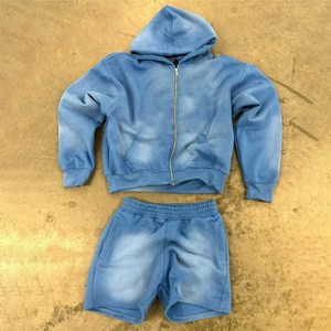 Conjunto Deportivo Unisex con Capucha, Sudadera con Cierre Frontal y Pantalones Cortos, Color Sólido Teñido, Ropa Casual de Otoño, Manga Larga - Product Image 2