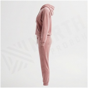 Women <b>Pink</b> Hooded <b>Tracksuit</b> Set Full Sleeve Solid Color Casual Jogger Pants With Drawstring Pocket Autumn Wear - Product Image 3