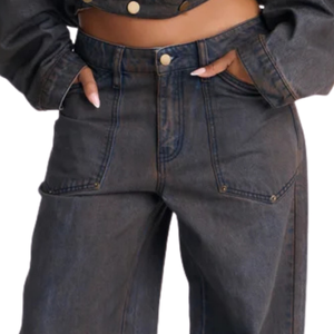 Jean ample taille haute en denim délavé 100 % coton respirant pour femme, coupe décontractée, longueur pleine, fermeture éclair latérale - Product Image 3