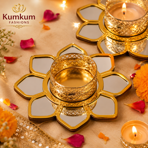 Trending Golden Lotus Mirror <b>Tealight</b> Candle <b>Holder</b> Indian Handcrafted Diya Stand Diwali Wedding Festive Home Decor Return Gifts - Product Image 2