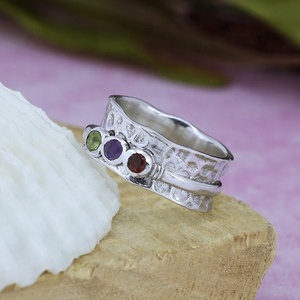 3 Stone 925 Sterling Silver Minimalist <b>Spinner</b> <b>Ring</b> Hammered Wide Band Bezel Set Gemstone Meditation Anxiety <b>Ring</b> for Women - Product Image 6