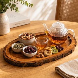 Plateau de service en bois d'acacia artisanal avec bord en écorce naturelle, design rond de luxe peint à la main pour le café/le thé, décoration de mariage - Product Image 1