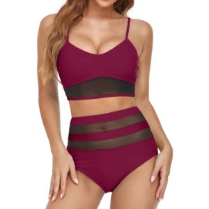 Women's 2-Piece Sporty Swim Set High Waist Shorts Spandex Nylon <b>Mesh</b> Panel Solid Color V-Neck Sleeveless Summer Wear - Product Image 2