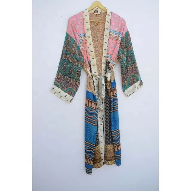 Indian Handmade Vintage Silk Kimono Wedding Robe Bathrobe Dressing Gowns Bridal Sleeves Silk Robe Nightie