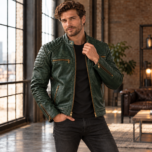 Veste de motard en cuir véritable noir pour homme avec épaules matelassées, panneaux texturés, fermetures éclair en laiton, poignets zippés et poches zippées - Product Image 3