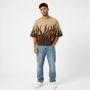 T-shirt court oversize pour homme avec imprimé graphique en relief, 100 % coton tricoté, style streetwear, 240 g, motif avant, décontracté - Product Image 1