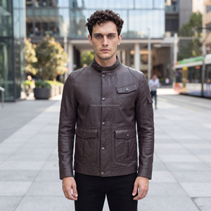 Chaqueta de Motociclista de Cuero Genuino para Hombre, Cuello Alto, Cierre de Botones, Color Sólido, Corte Regular, para Otoño - Product Image 6