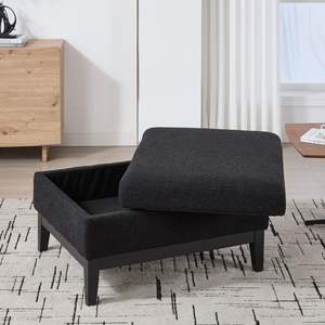33.86"W Reversible Lid Storage Ottoman Upholstered Wood Base <b>Coffee</b> <b>Table</b> <b>Foot</b> <b>Stool</b> Black Boucle Square Rubberwood Legs for - Product Image 4